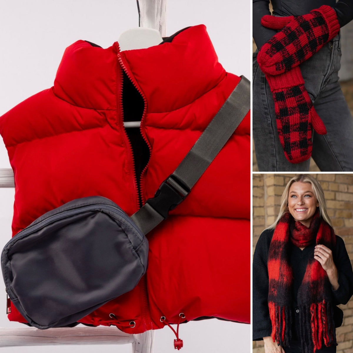 Cable Knit Mittens - Red Buffalo Plaid