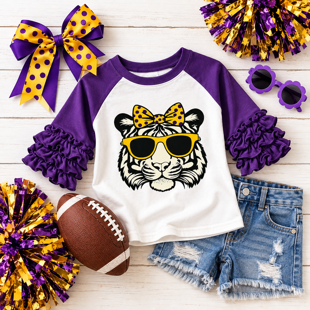 Girl's Ruffle Sleeve Tiger Top - Purple & Yellow