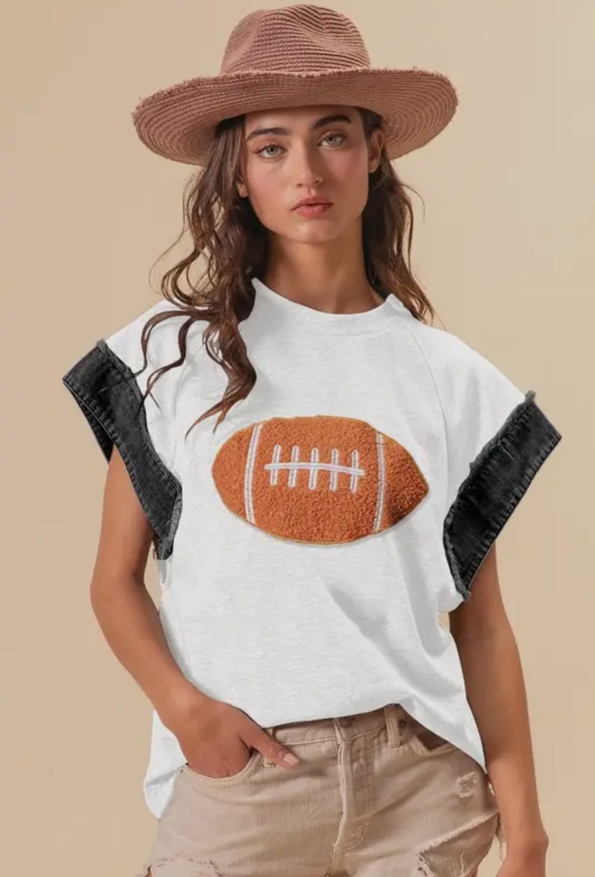 Football GameDay Denim Cuff Sleeve Top
