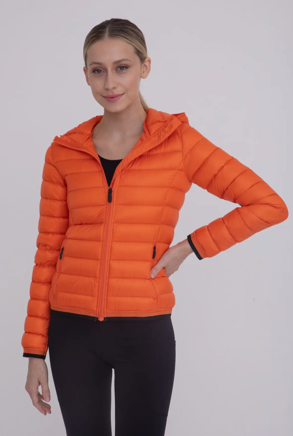 Orange with Black Accents Puffer Jacket with Hood