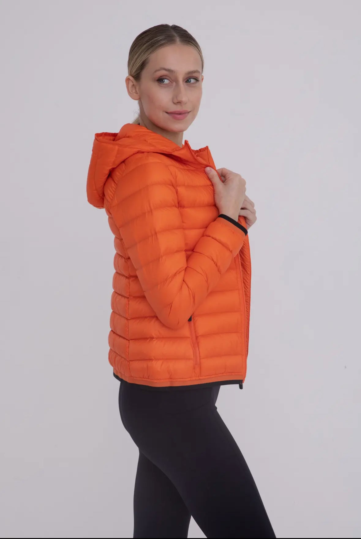 Orange with Black Accents Puffer Jacket with Hood