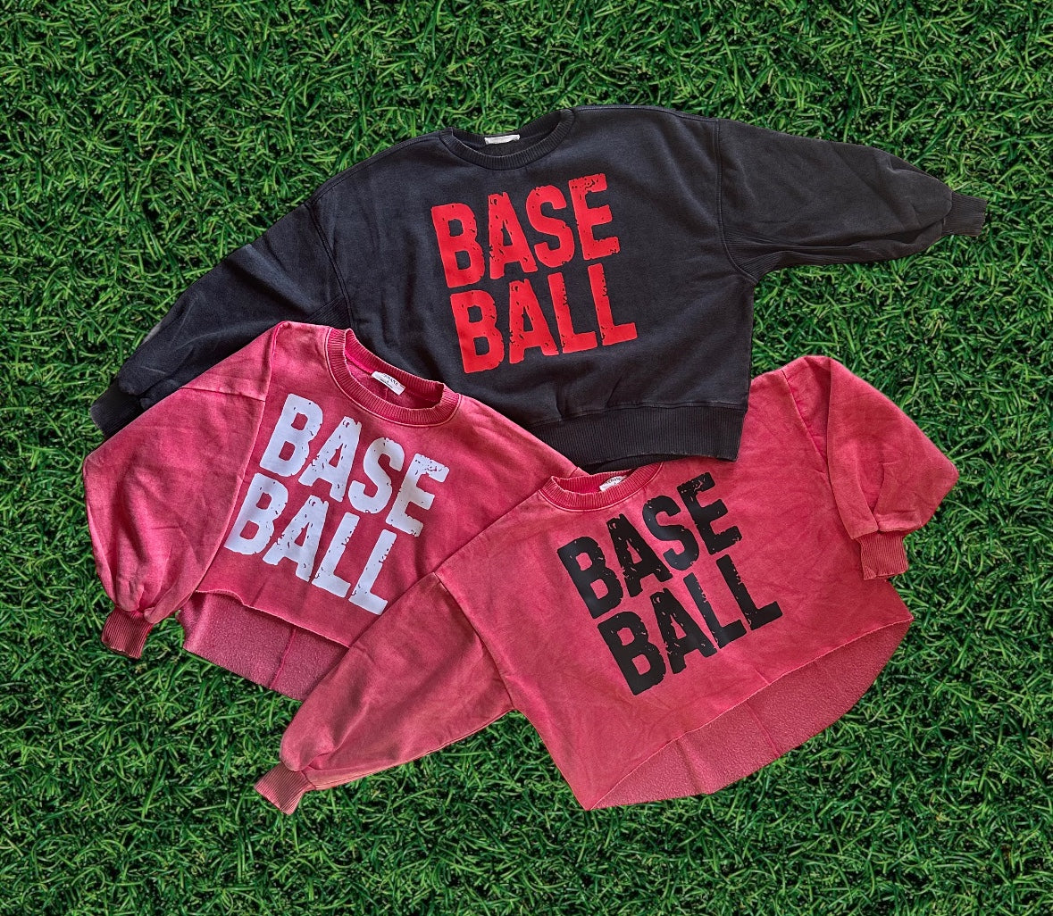 BASEBALL Acid Wash Fleece Cropped Pullover - Black with RED text