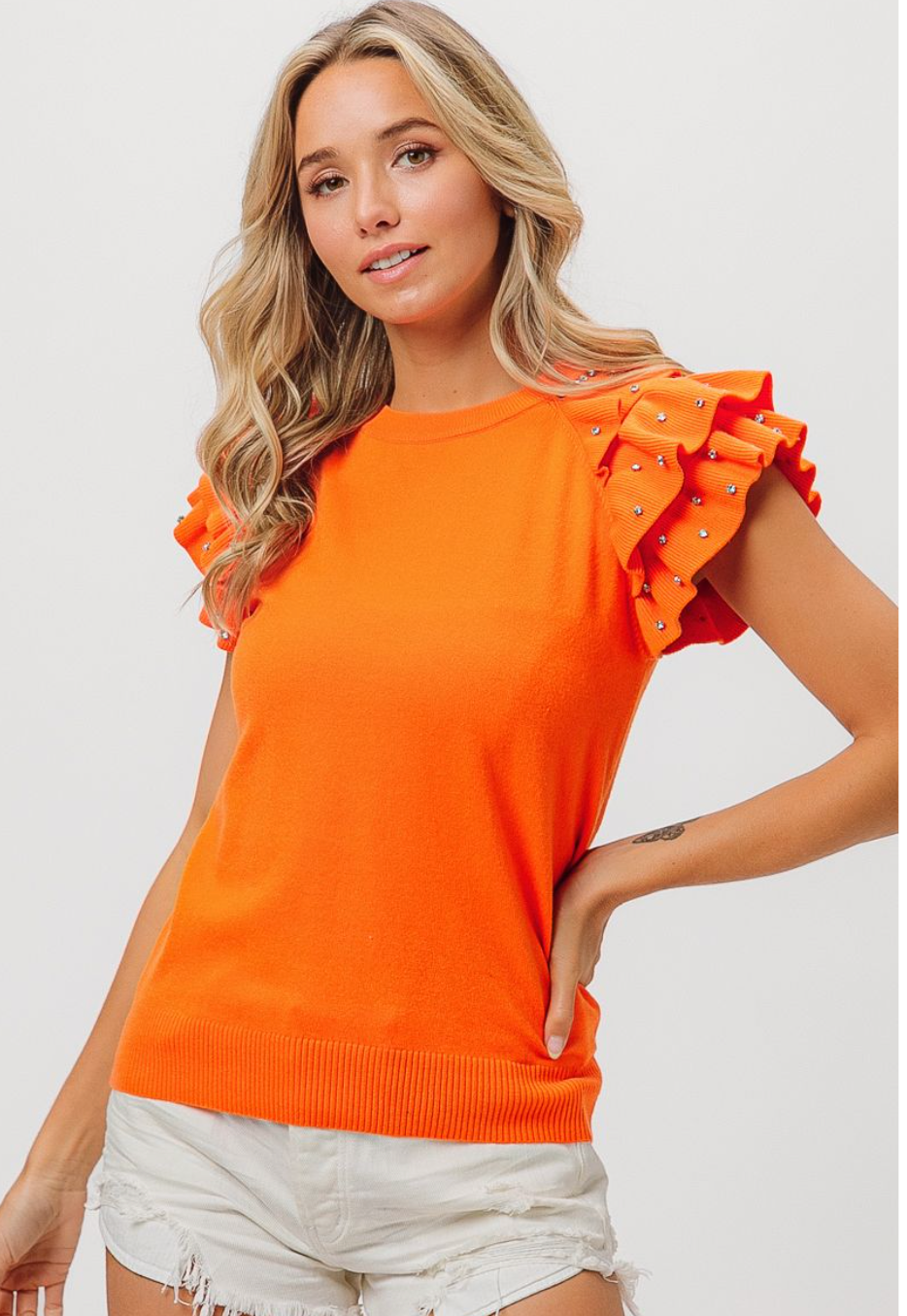 Orange Ruffle & Rhinestone Sleeve Top