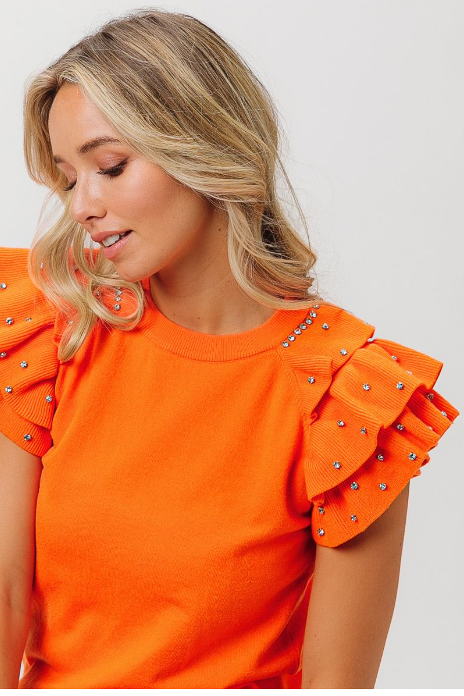 Orange Ruffle & Rhinestone Sleeve Top