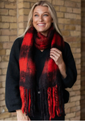 Red Plaid Long Scarf with Fringe