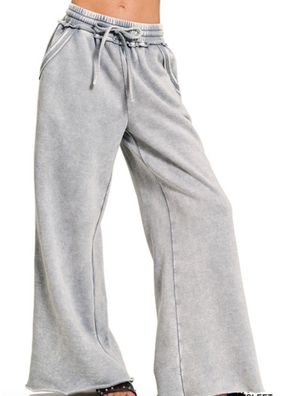 Acid Wash Fleece Palazzo Sweatpants with Pockets - Grey