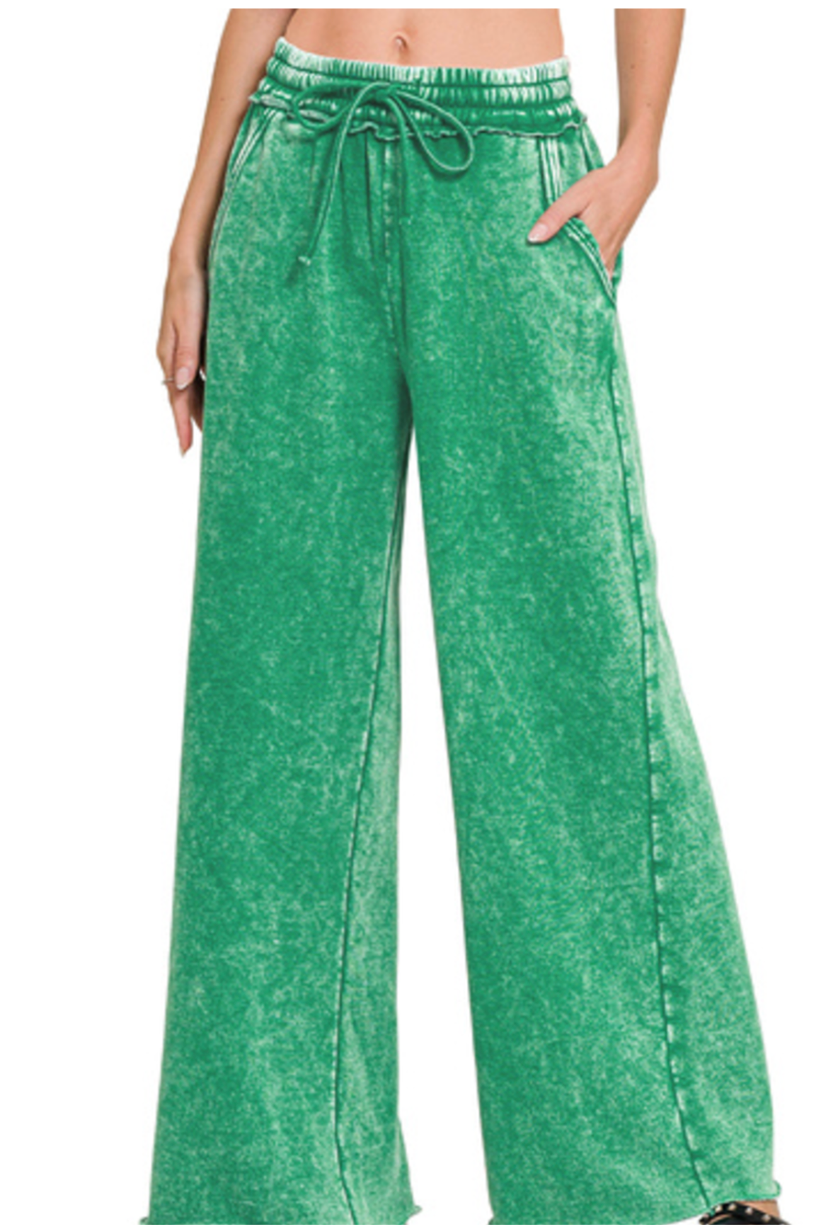 Acid Wash Fleece Palazzo Sweatpants with Pockets - Green