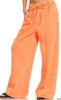 Acid Wash Fleece Palazzo Sweatpants with Pockets - Orange