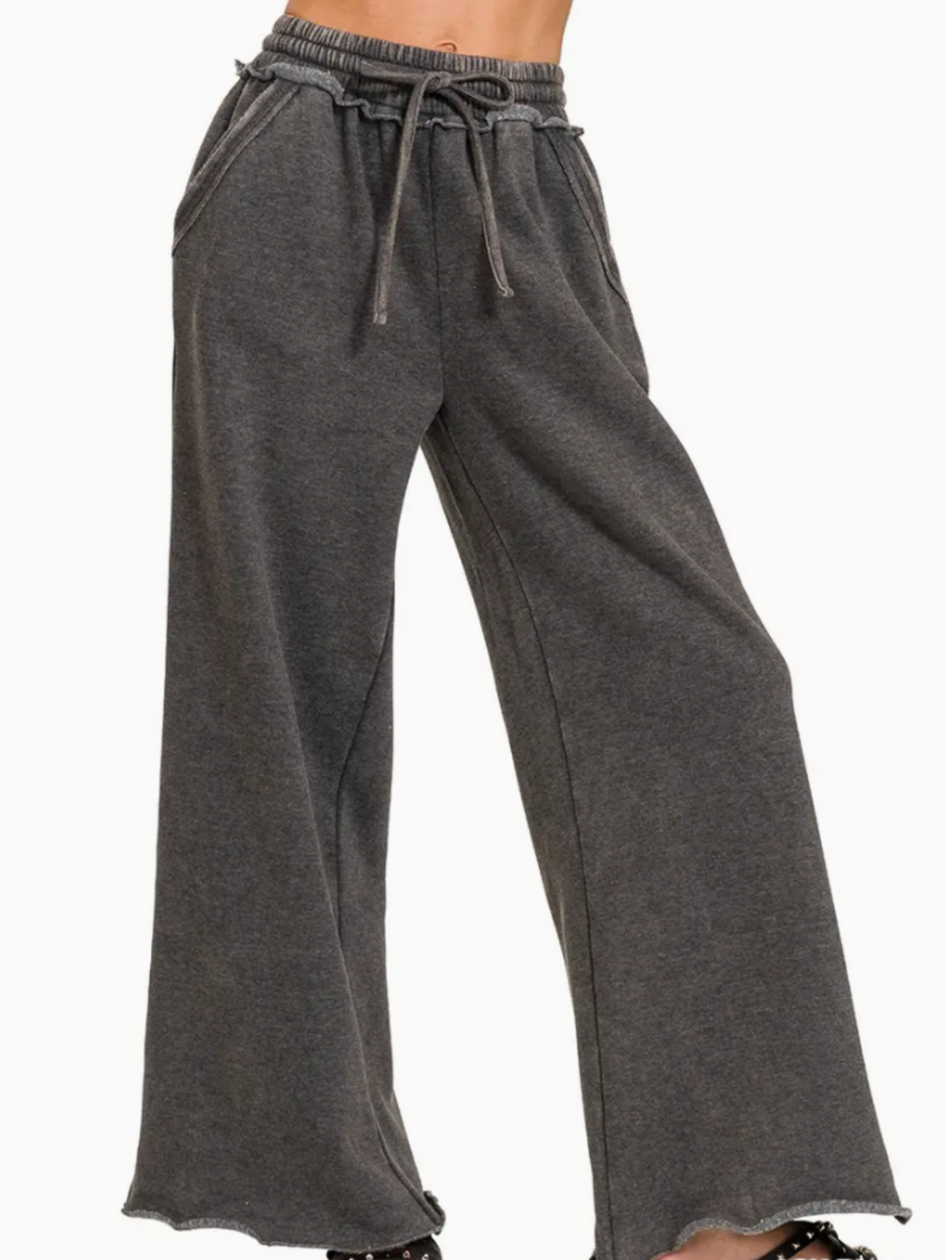 Acid Wash Fleece Palazzo Sweatpants with Pockets - Black
