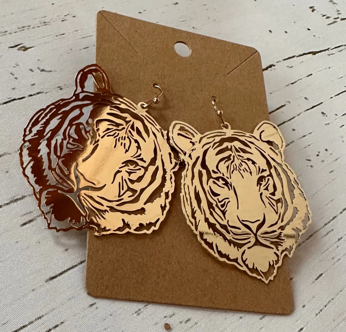 Large Gold Tiger Head Dangle Earrings