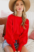 Red Balloon Sleeve with Drop Shoulder Knit Top