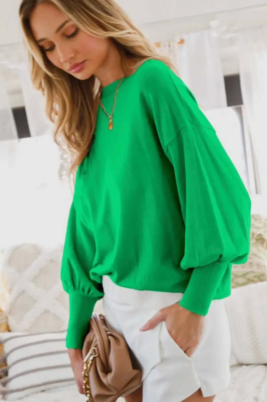Green Balloon Sleeve with Drop Shoulder Knit Top
