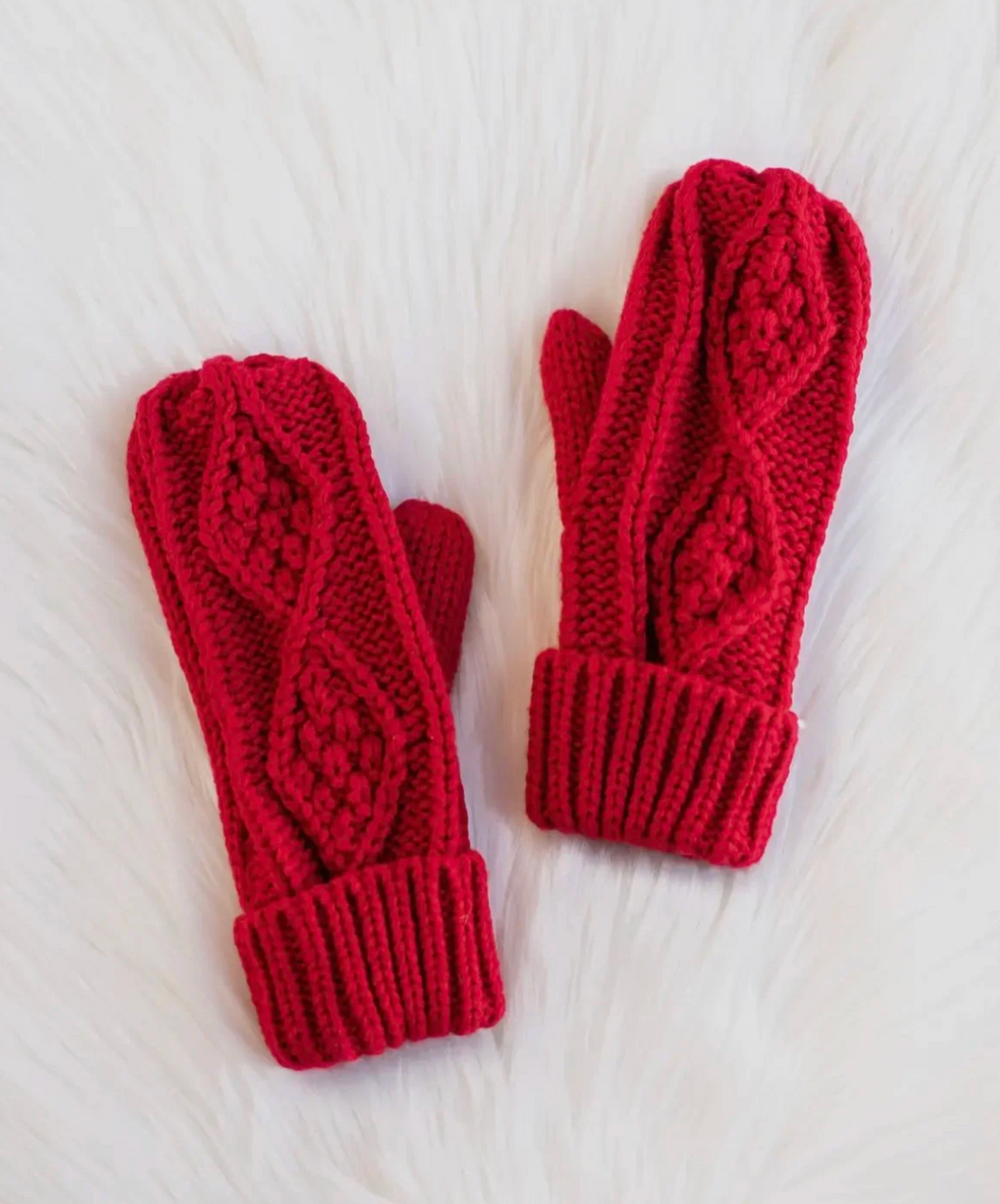 Cable Knit Mittens - Red