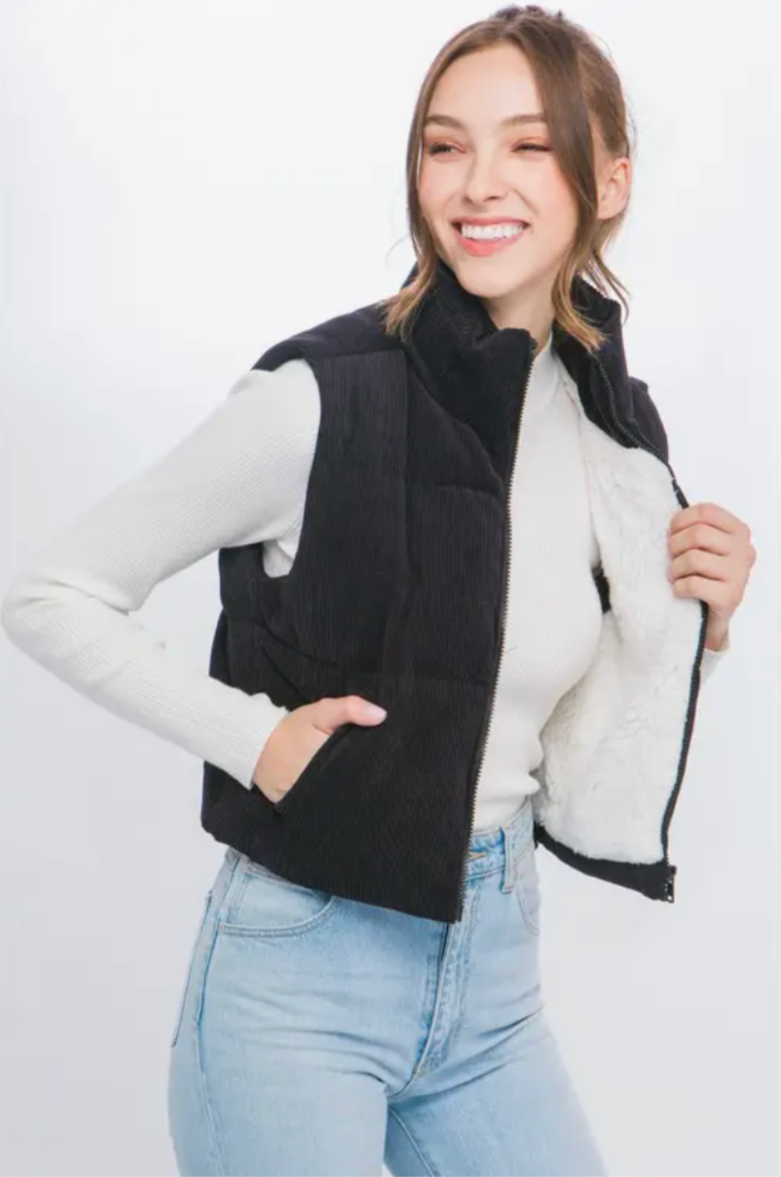 Corduroy Puffer Vest with Sherpa Lining - Black
