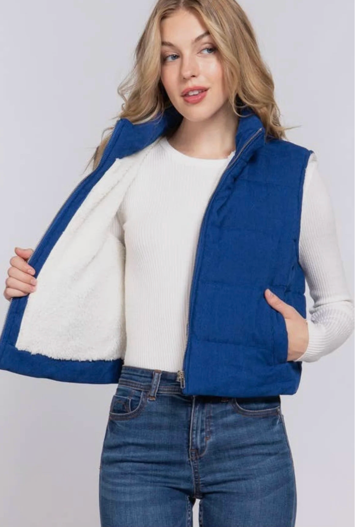 Corduroy Puffer Vest - Royal Blue & White