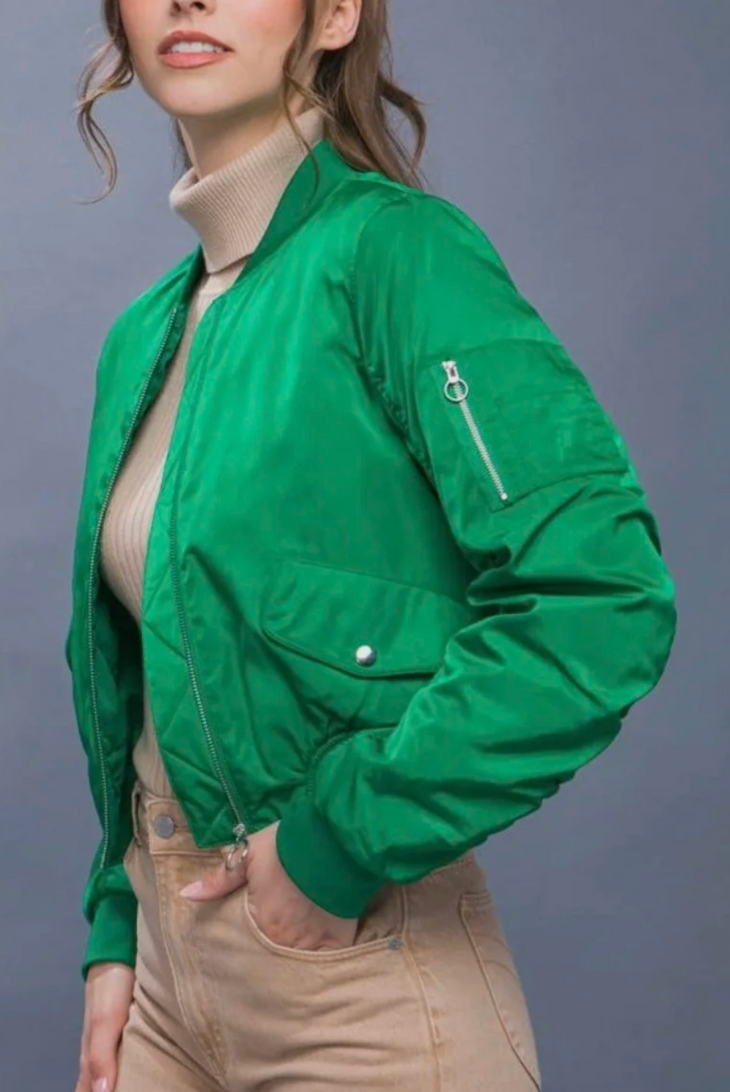 Zip Up Bomber Jacket with Sleeve Zipper Detail - Green