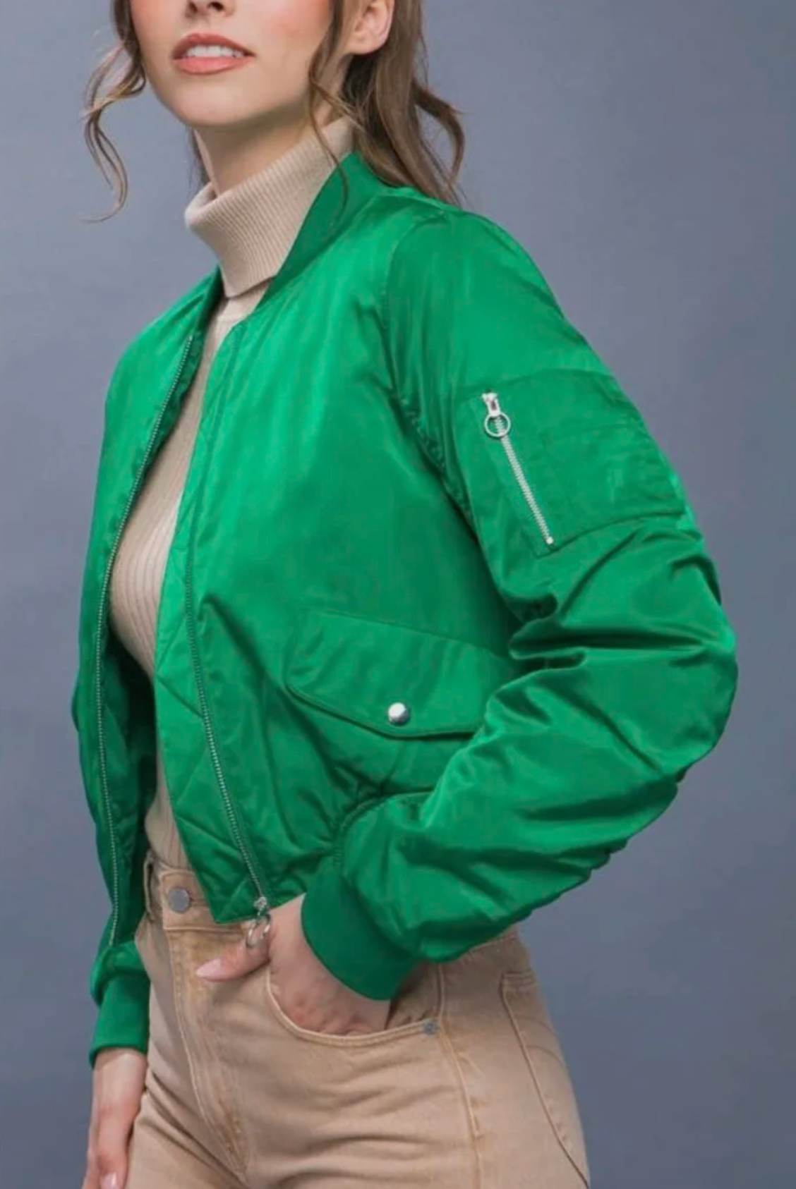 Zip Up Bomber Jacket with Sleeve Zipper Detail - Green