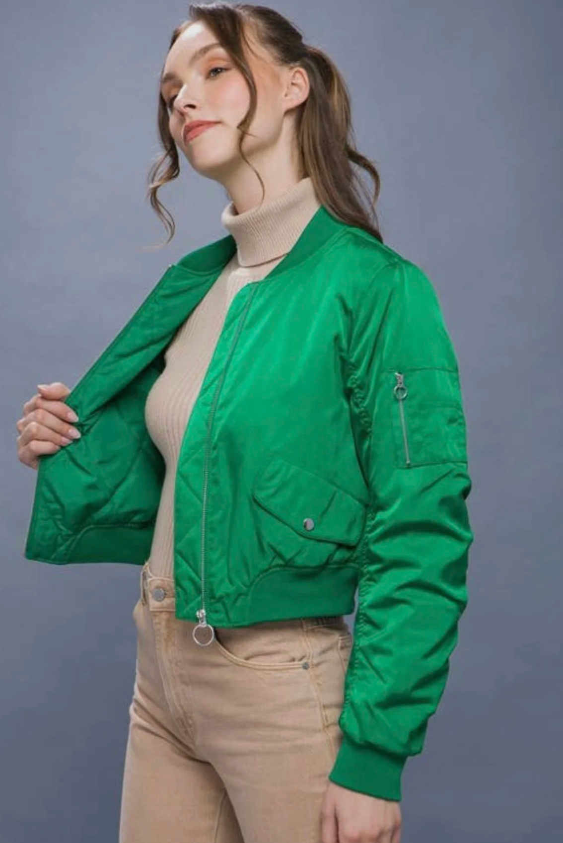 Zip Up Bomber Jacket with Sleeve Zipper Detail - Green