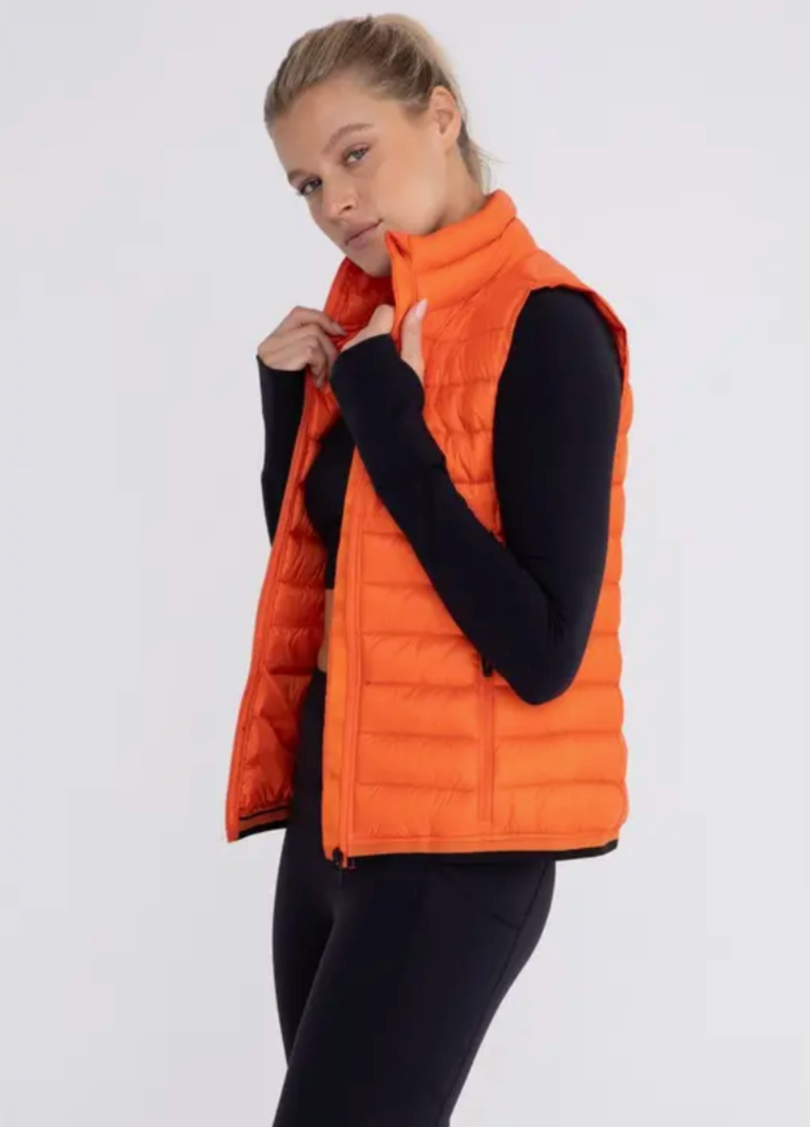 Mock Neck Padded Puffer Vest - Orange with Black detail