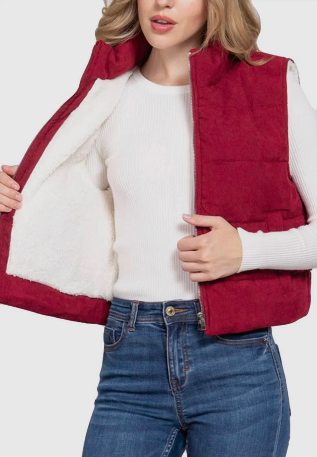 Corduroy Puffer Vest - Burgundy & White