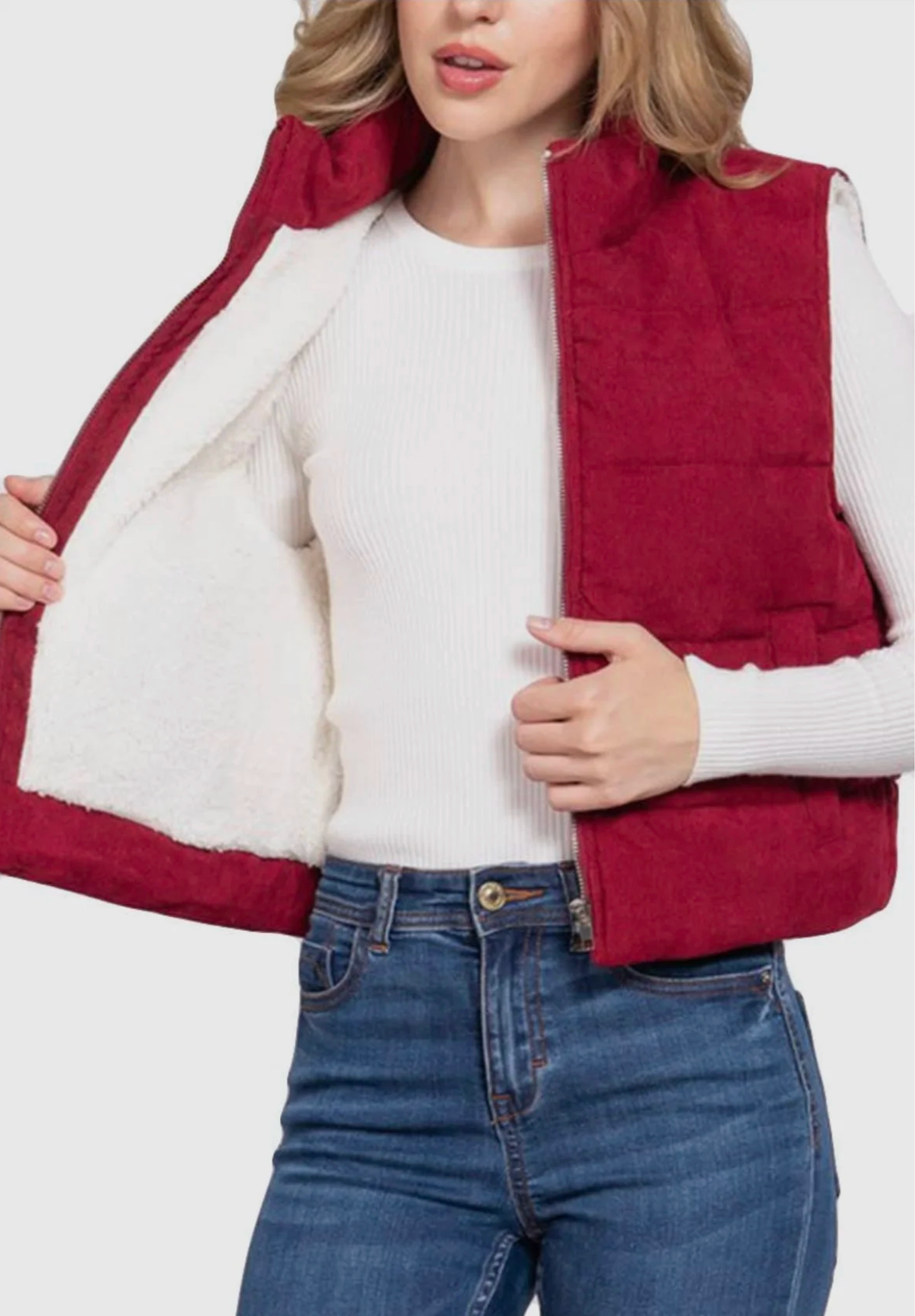 Corduroy Puffer Vest - Burgundy & White