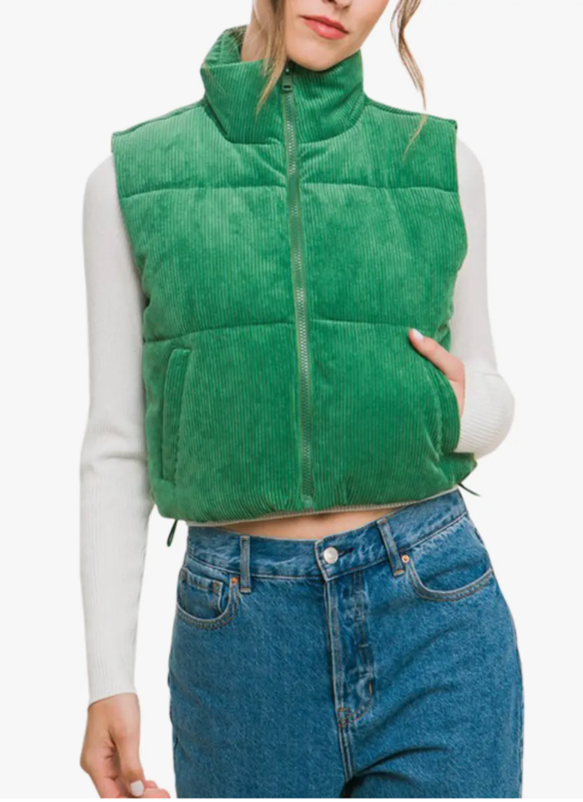 Corduroy Puffer Vest with Sherpa Lining - Green