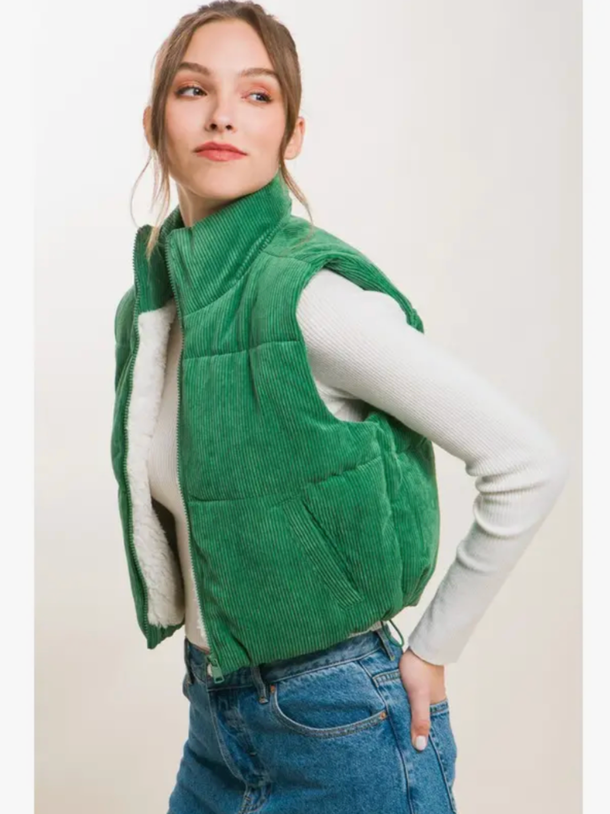 Corduroy Puffer Vest with Sherpa Lining - Green