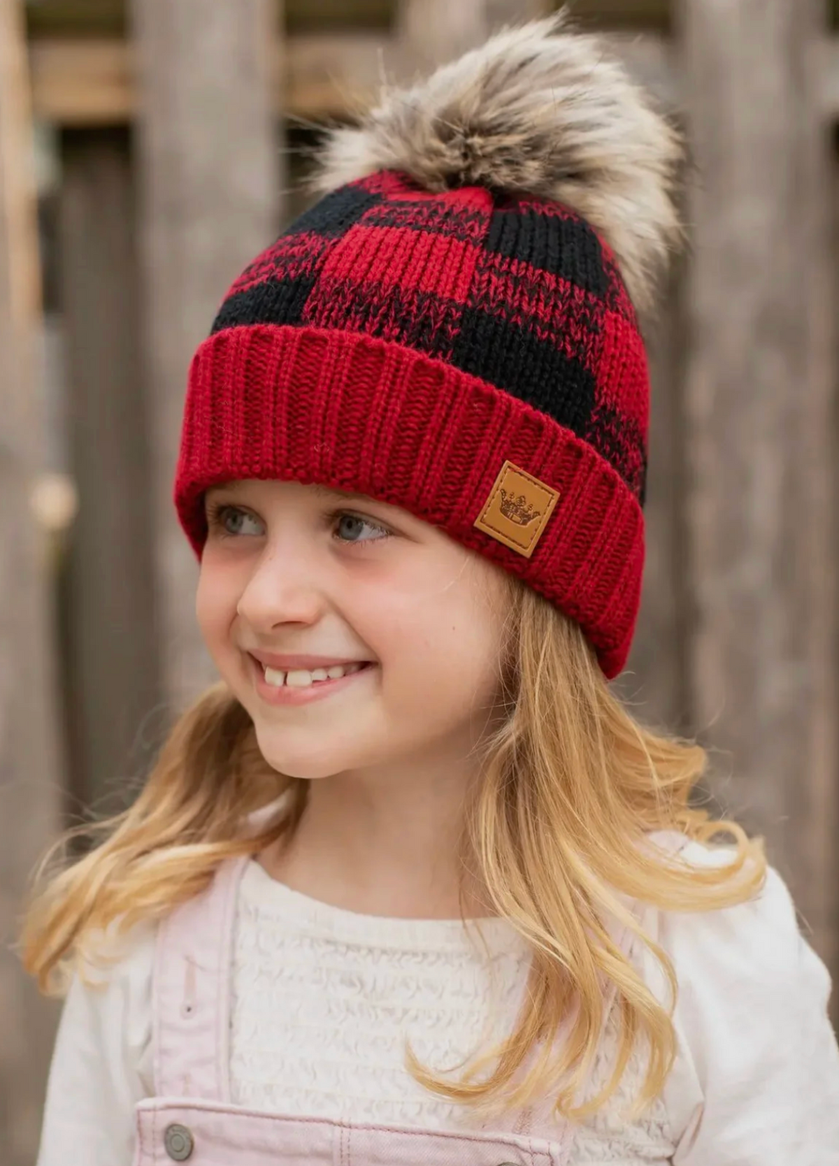 Kids Red Buffalo Plaid Pom Hat