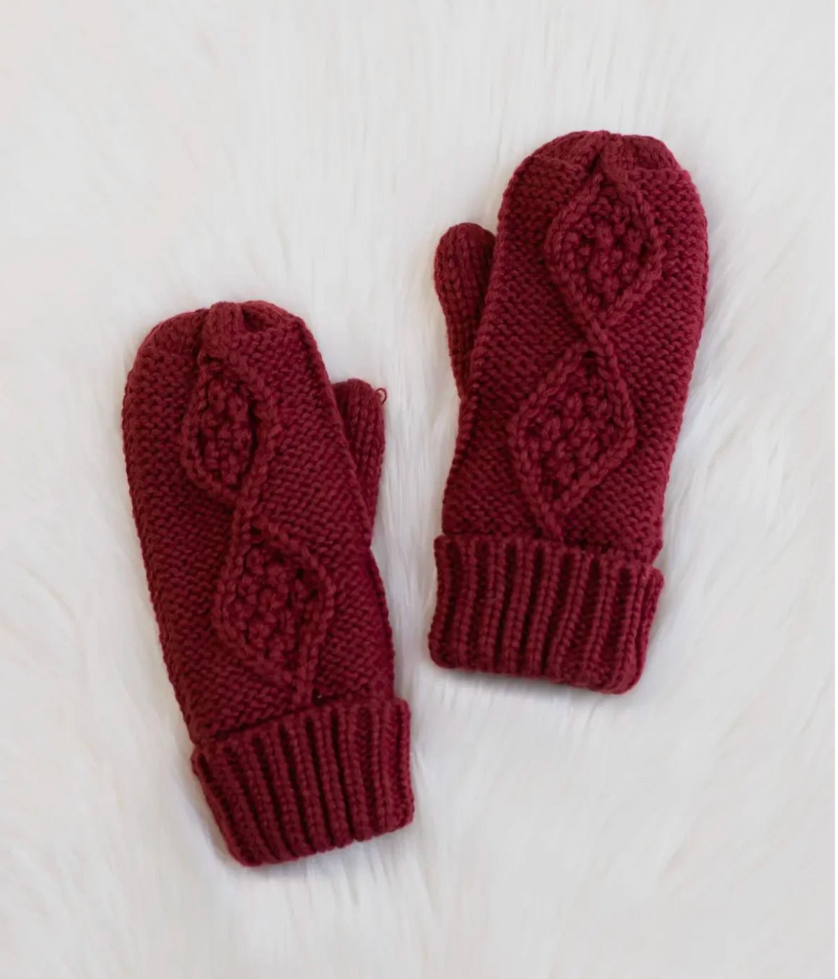 Cable Knit Mittens - Burgundy