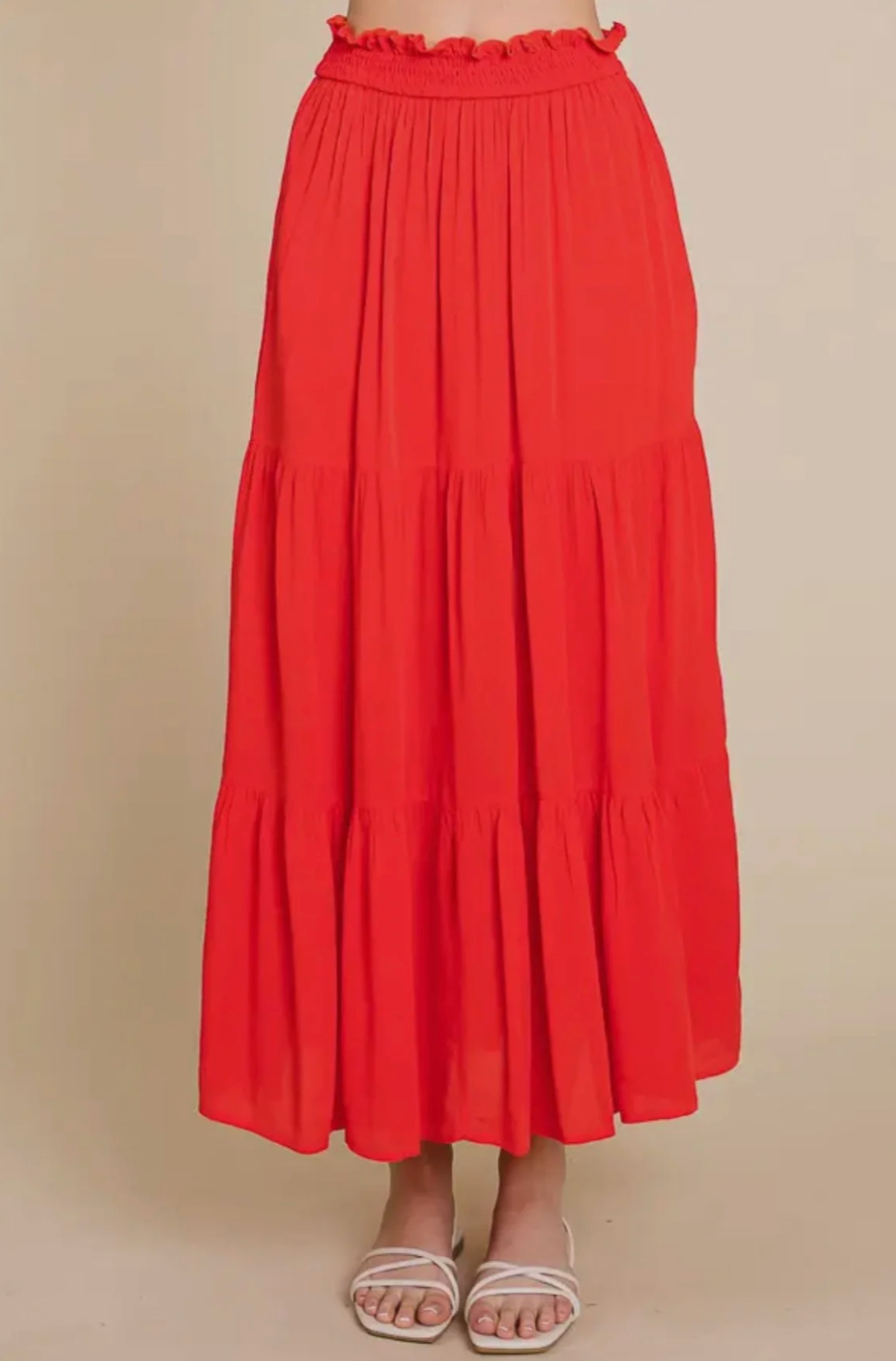 Smocking Waist Tiered Long Skirt - Red